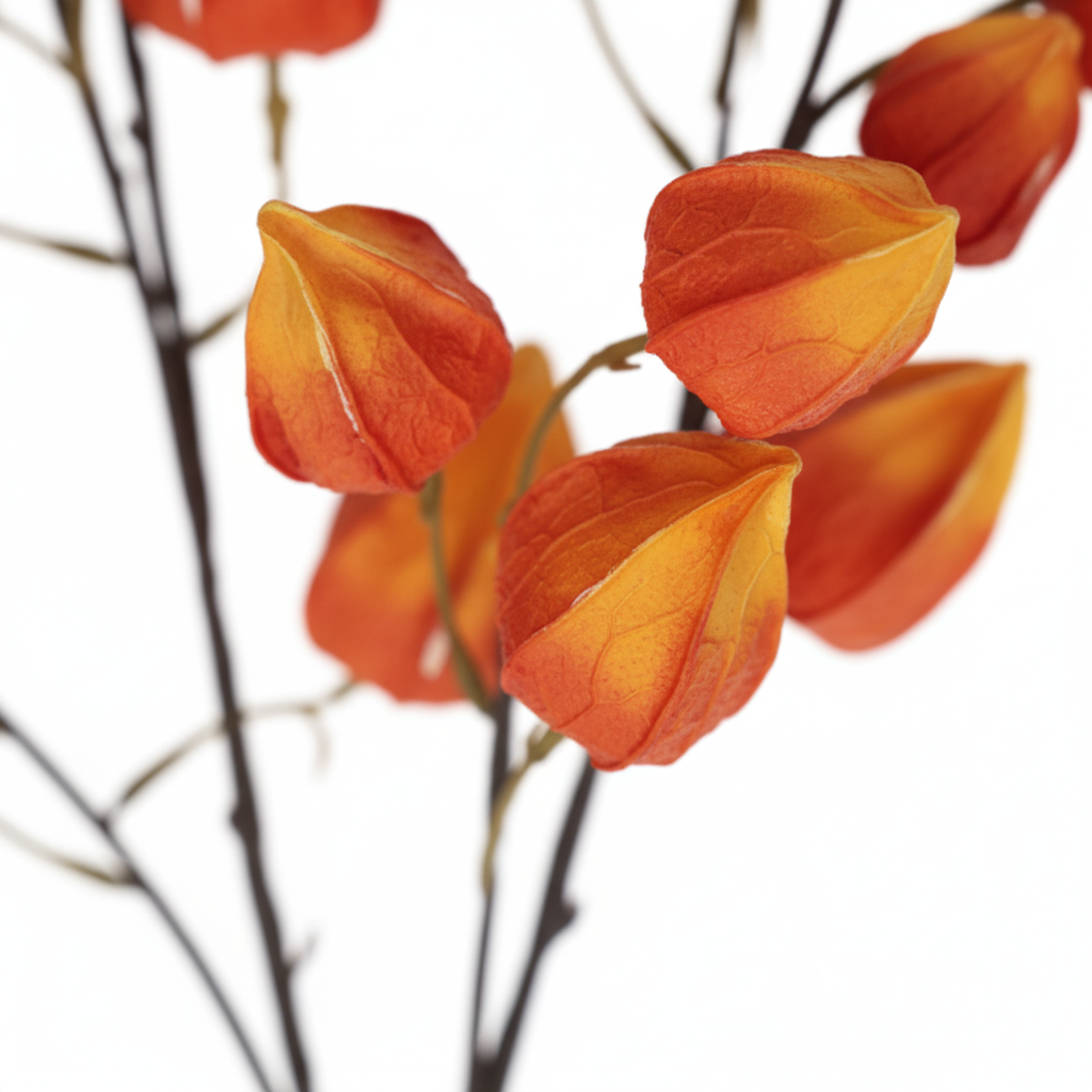 Close-up of artificial orange Chinese lantern flower pods showing vibrant orange color and realistic texture
