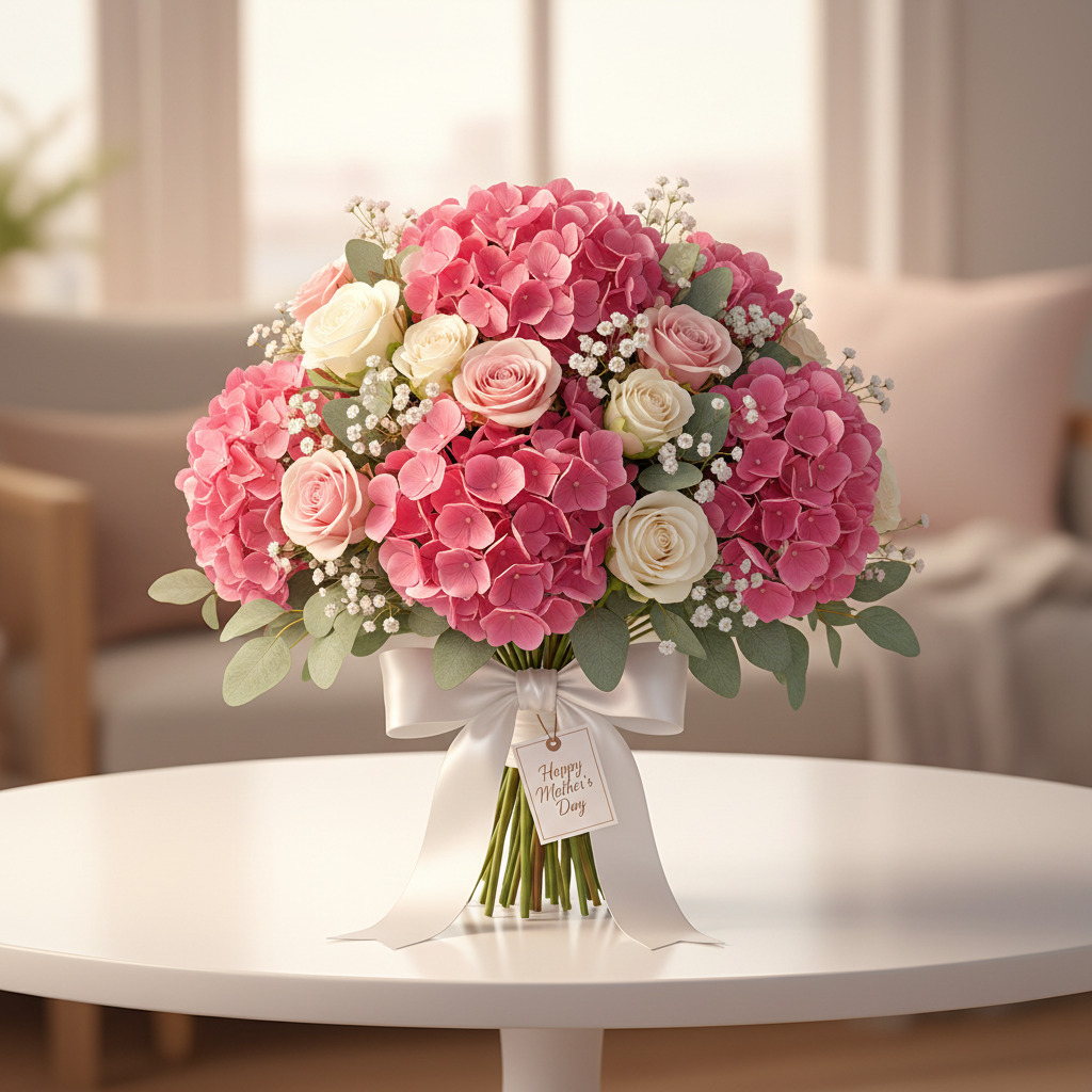 Pink hydrangea with roses and baby's breath in compact Mother's Day bouquet tied with white satin ribbon and gift tag