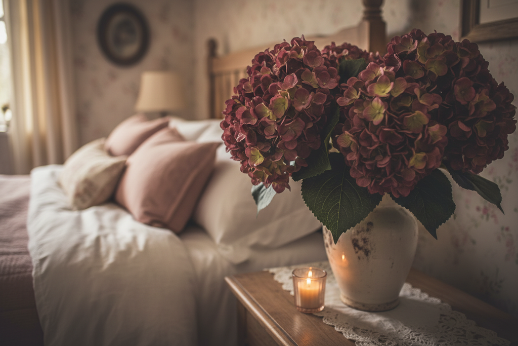 Bedroom nightstand with plum mauve hydrangea arrangement in moody lighting, romantic cottage decor