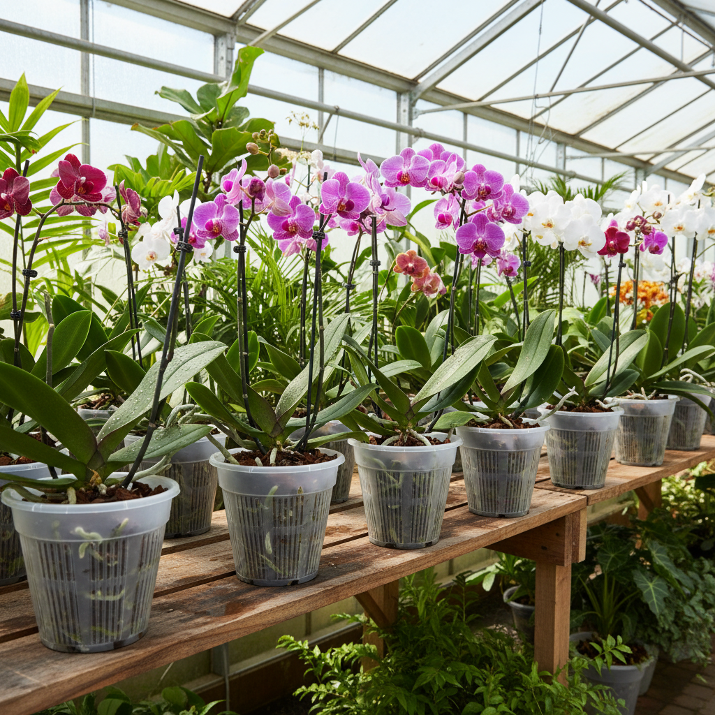 Multiple clear 7 inch slotted orchid pots with open ventilation slits on a greenhouse shelf with tropical plants