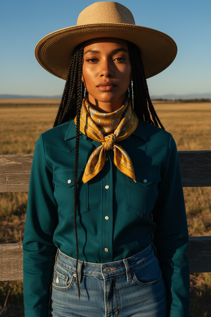 Woman with warm brown skin and long dark braids wearing mustard gold satin paisley wild rag tied snugly at the throat in a deep teal western shirt and straw hat at a golden hour ranch setting