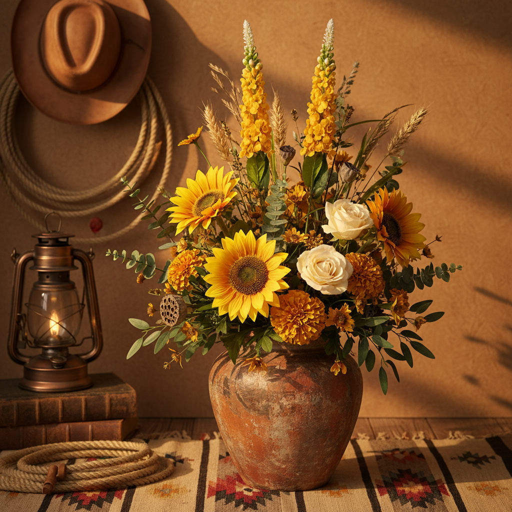 Golden yellow snapdragon larkspur spike stems in a rustic western vase with sunflowers, golden marigolds, ivory roses and eucalyptus, styled with cowboy hat, rope and lantern