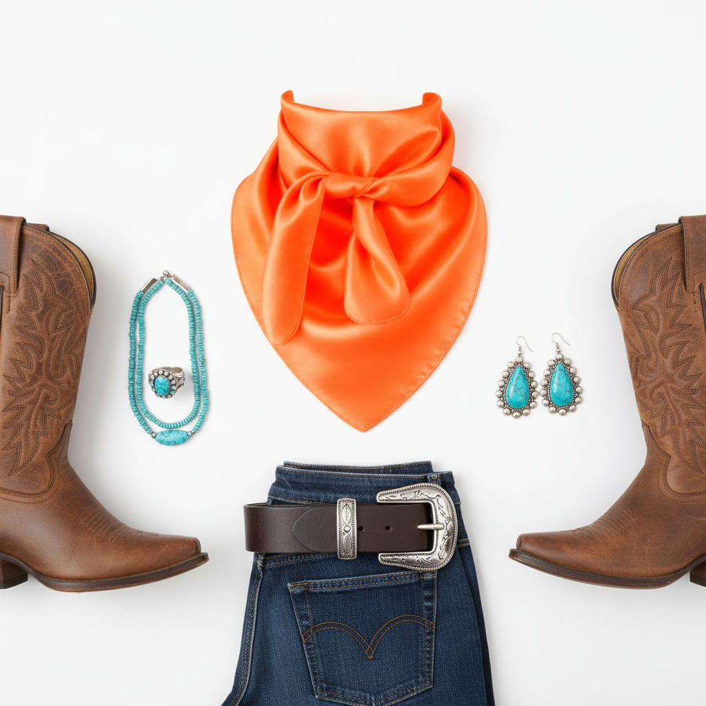 Flat lay of coral orange wild rag scarf with western accessories - cowboy boots, belt, turquoise jewelry, denim