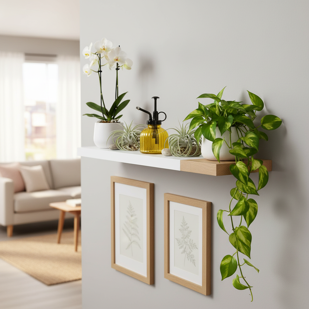 Yellow ribbed glass plant mister on modern white floating shelf with potted orchids, trailing pothos, and air plants in contemporary home