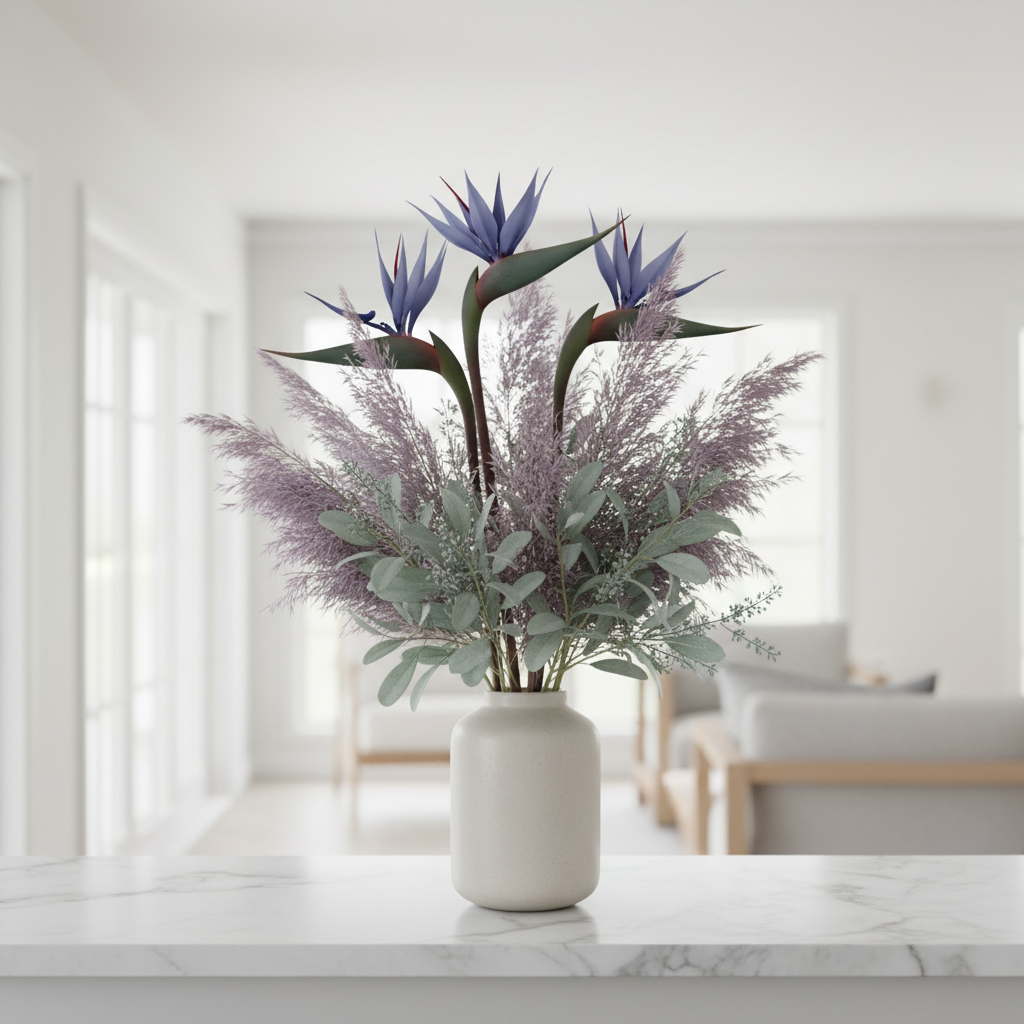 Moody blue purple Bird of Paradise stems with lavender pampas grass and sage greenery in stone vase on marble shelf in coastal living room