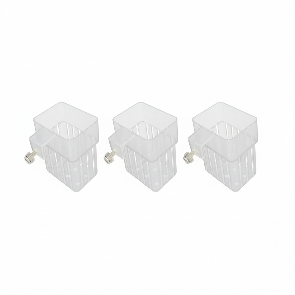 Set of 3 clear transparent plastic hanging aquarium plant holder baskets with drainage slots and plastic clip attachment on white background