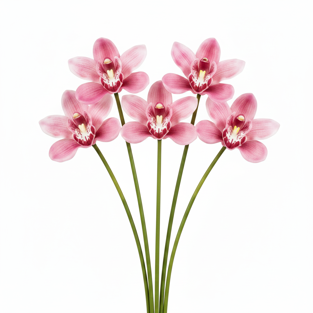 Set of 5 deep hot pink magenta Cymbidium orchid stems, 15 inches tall, no wrap, white background