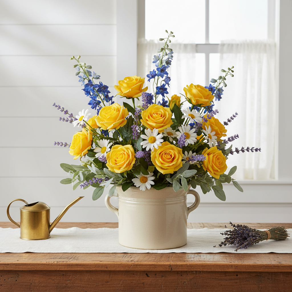 Artificial bright yellow roses with lavender, white daisies, blue delphinium, and eucalyptus in a cream stoneware crock on a reclaimed wood table with white shiplap wall and lace curtain window