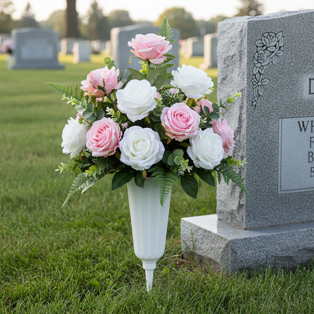 White memorial vase with elegant silk roses at cemetery