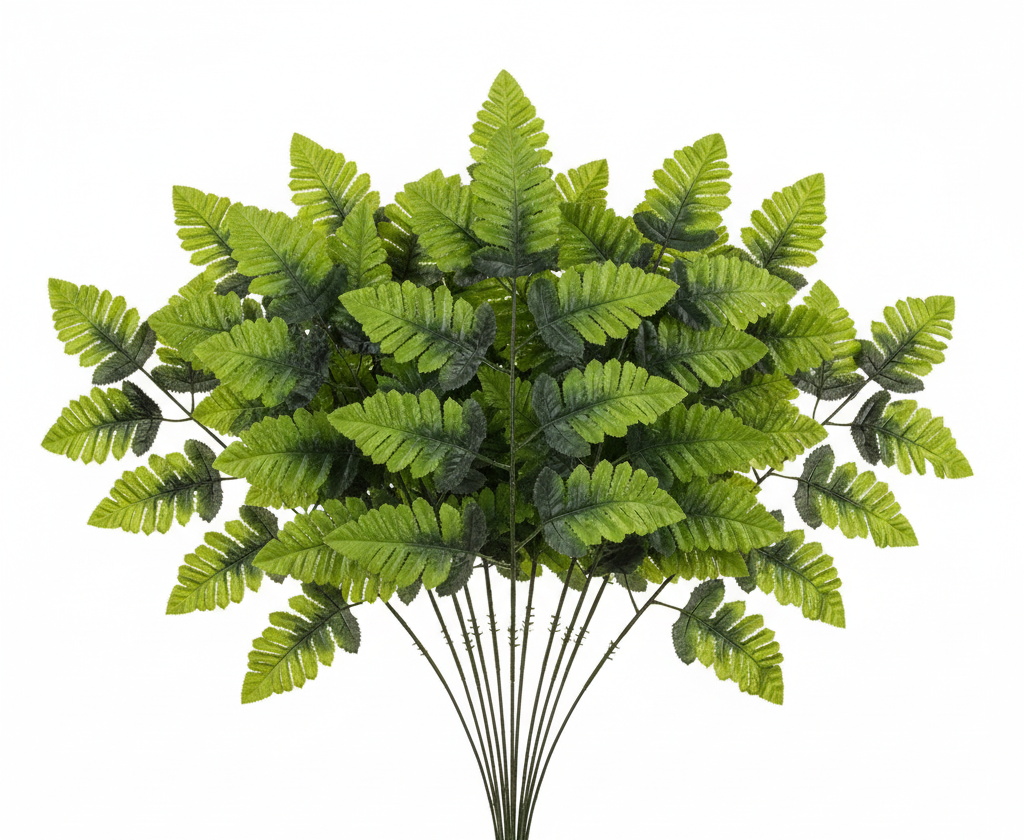 10 individual artificial fern stems with leather-look green leaves fanned out on white background
