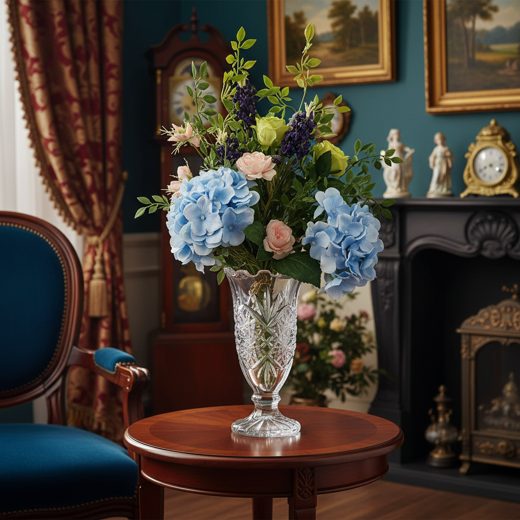 Faux flower bouquet with blue hydrangeas and green roses in ornate crystal vase on Victorian mahogany table in elegant parlor