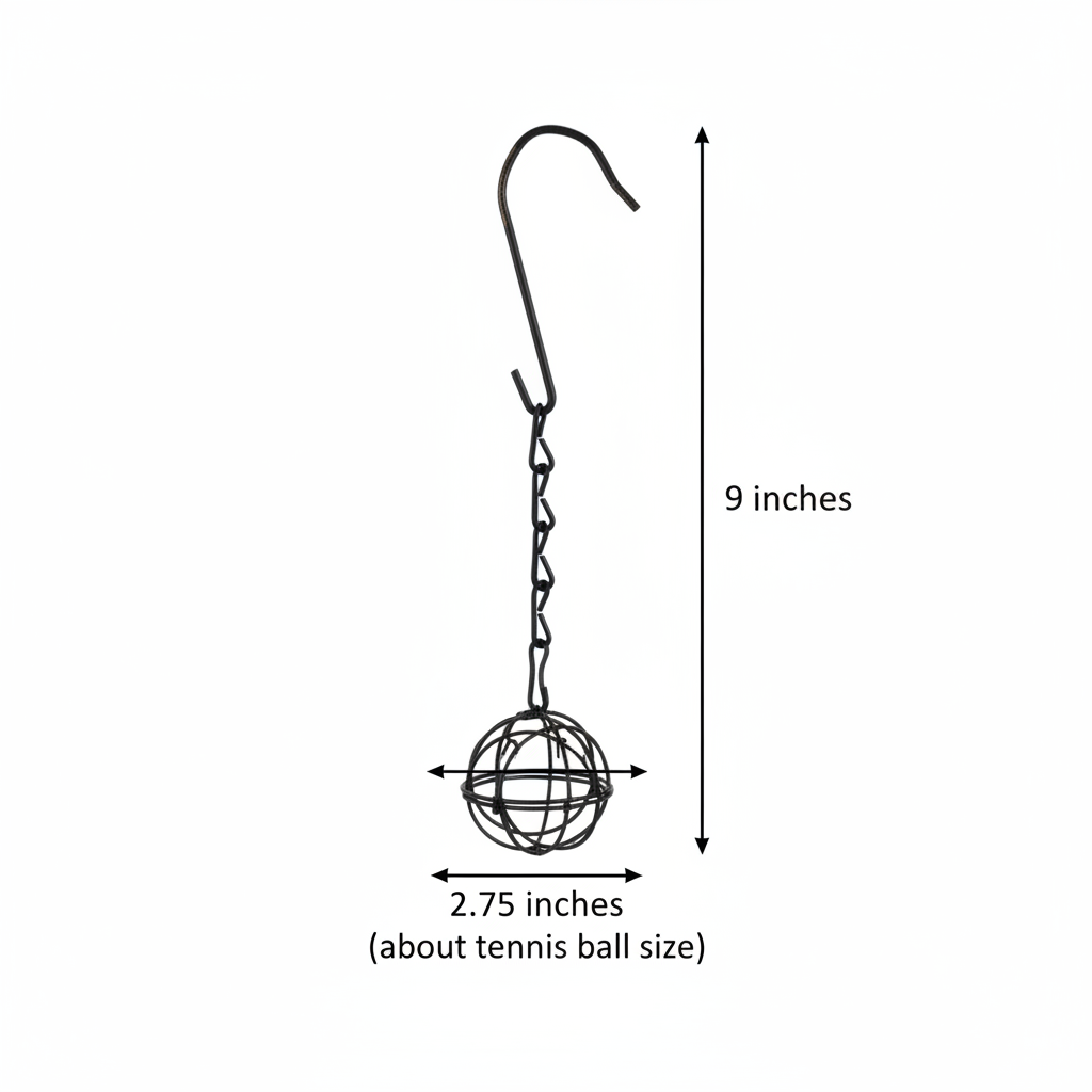 Measurement diagram of black metal hanging sphere planter showing 2.75 inch diameter and 9 inch chain length