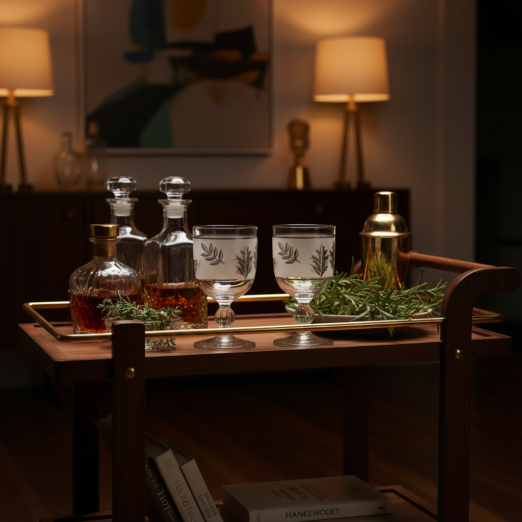 Vintage Libbey frosted silver leaf goblets displayed on a mid-century modern bar cart with vintage decanters and brass accents