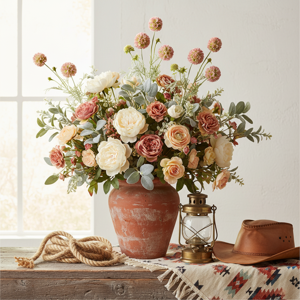 Faux blush pink scabiosa pincushion flower stems tucked into a rustic western wildflower arrangement in a terracotta vase with rope coil, vintage lantern, and cowboy hat on weathered wood