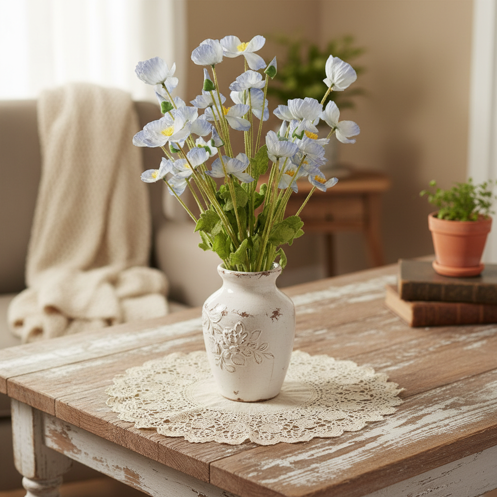 Light blue silk poppy flowers in rustic white ceramic vase on farmhouse table with vintage lace, cottage decor styling
