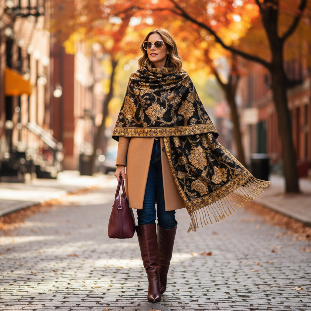 Woman wearing black gold paisley jacquard fringe shawl layered over camel coat on city street autumn street style