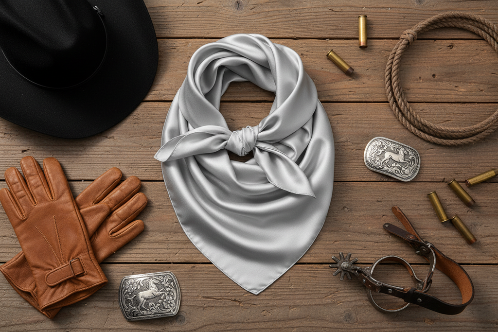 Silver gray wild rag with black cowboy hat, brown leather gloves, and western accessories