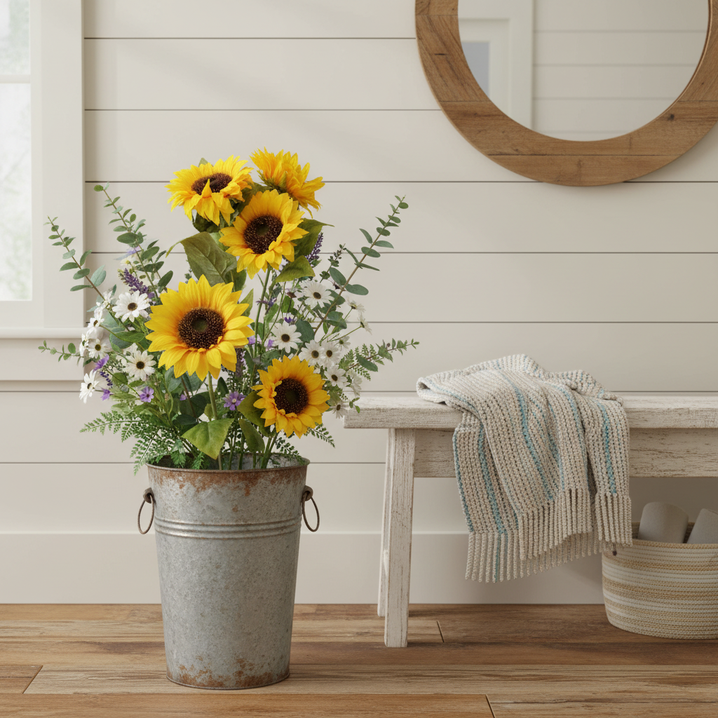 Yellow artificial sunflower stems in rustic galvanized metal bucket for farmhouse entryway decor