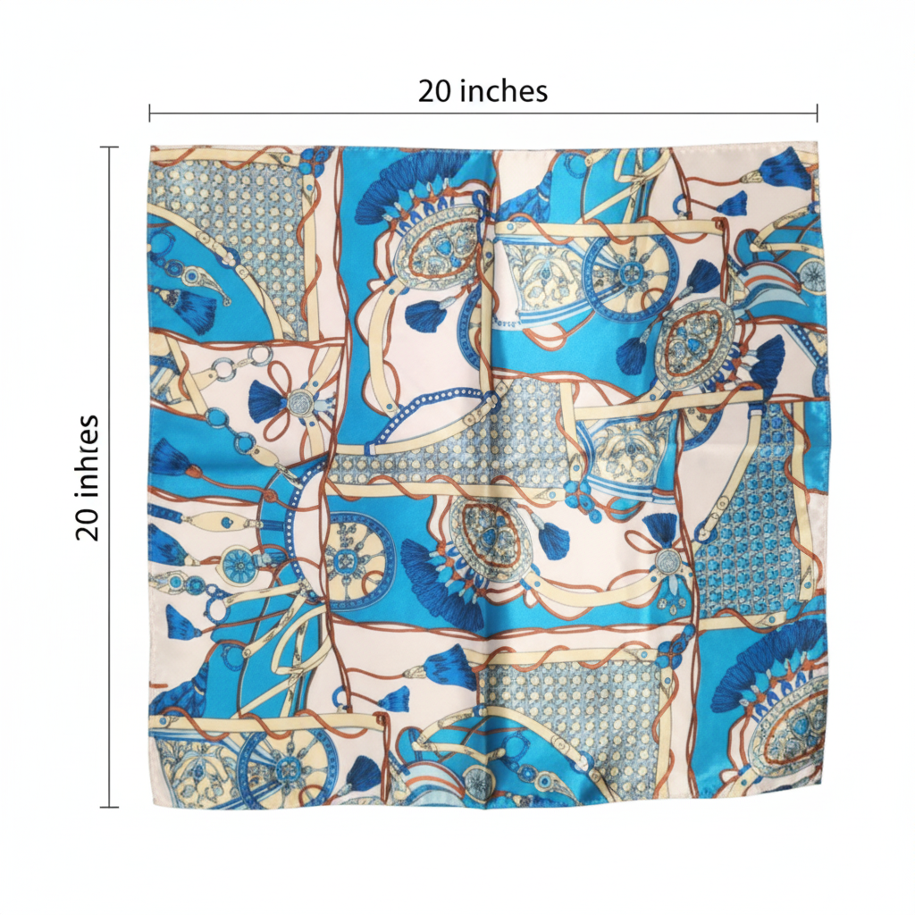 Turquoise Equestrian Satin Scarf Measurement Diagram 20 x 20 Inches Square Dimensions