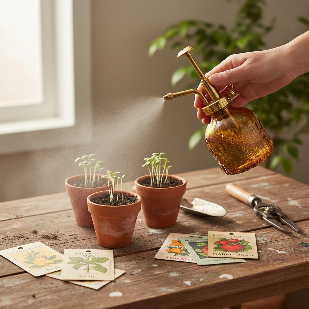 Hand using amber glass plant mister gently spraying seedlings in terracotta pots on rustic potting bench