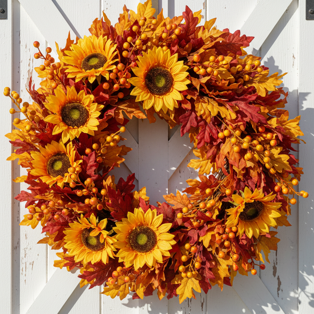 Fall wreath made of autumn leaves decorated with faux sunflowers and orange yellow berry stems on a rustic barn wood door