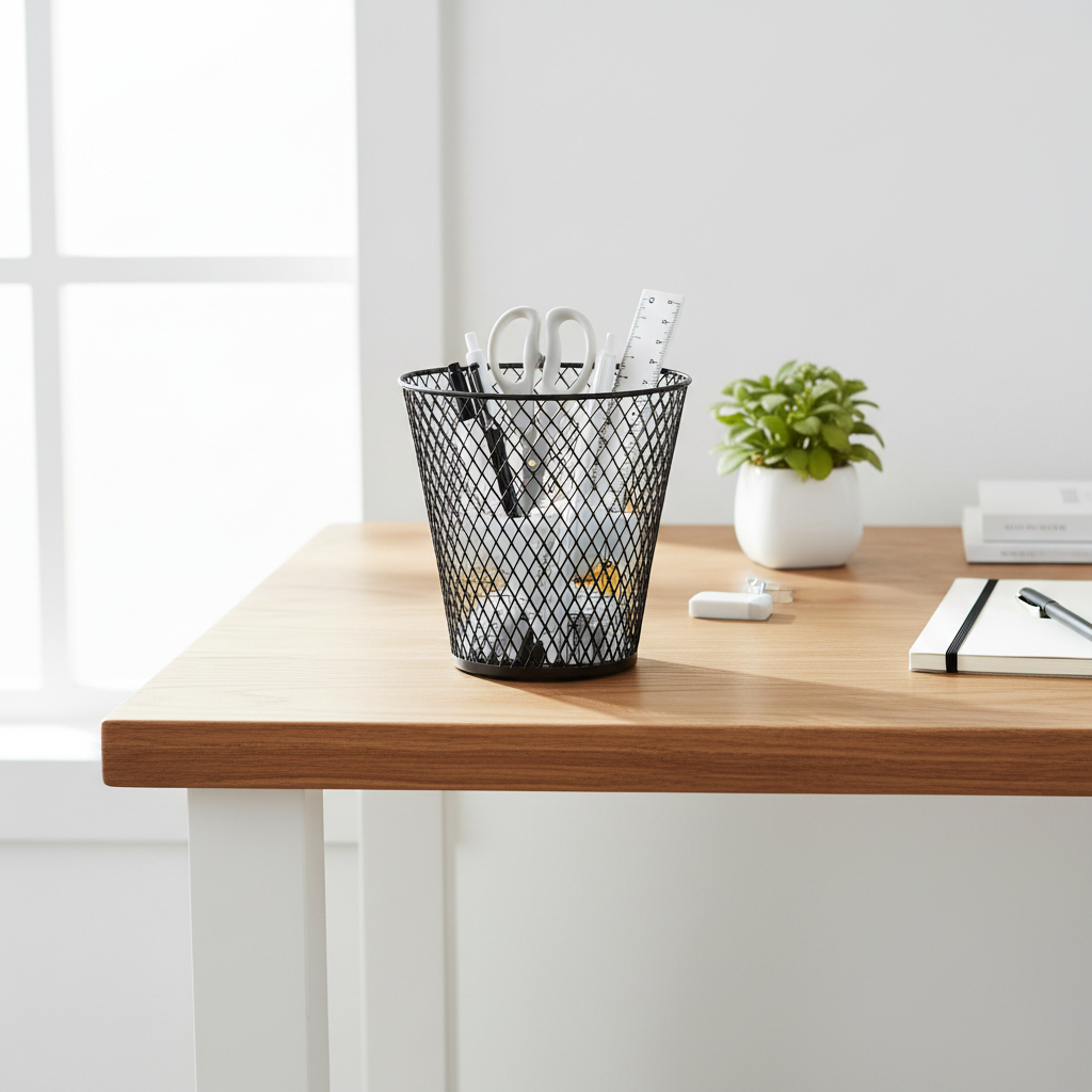 Black wire mesh basket used as a modern farmhouse desk organizer holding pens and office supplies