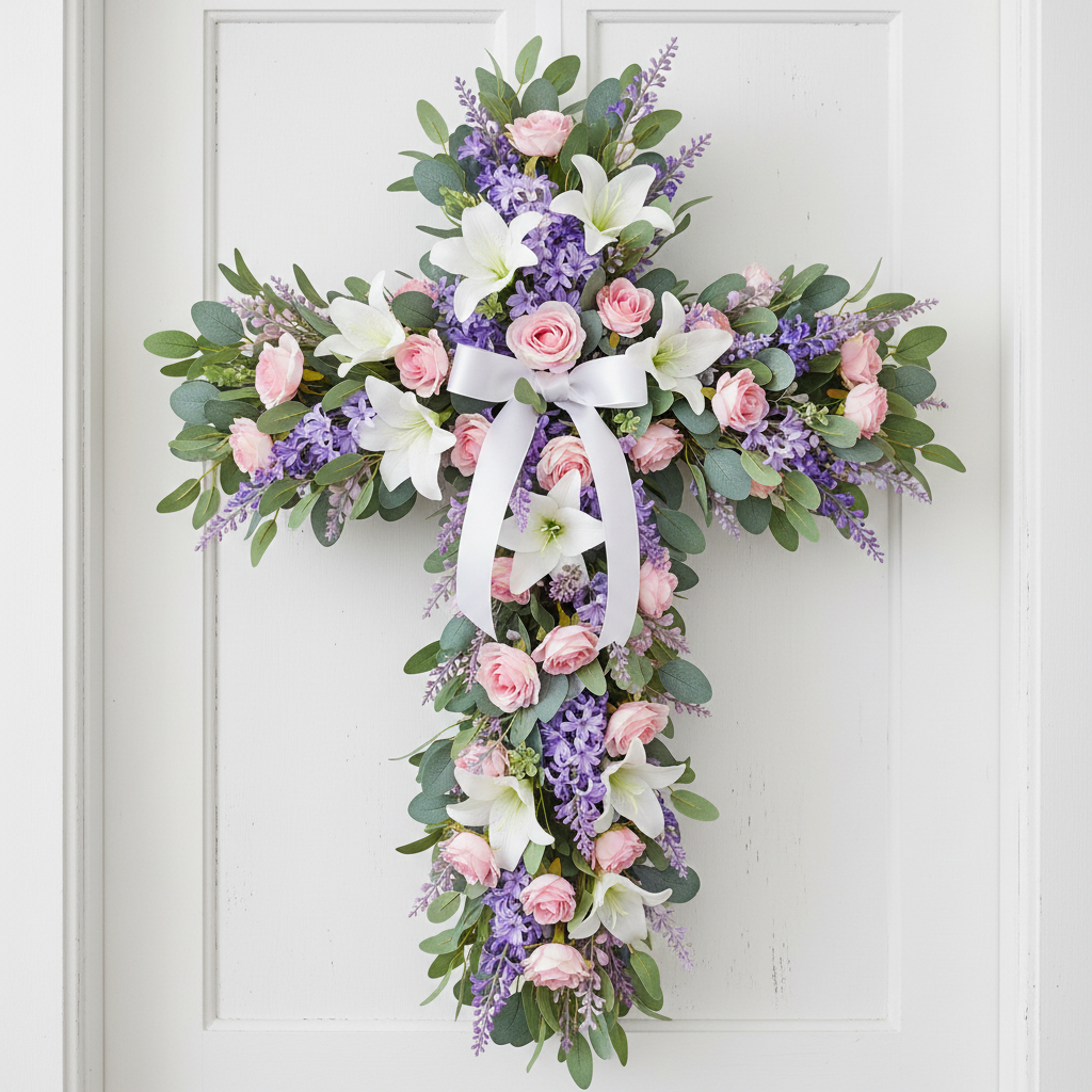 Pastel spring floral cross wreath with pink roses, white lilies, and lavender completely covering metal wire frame