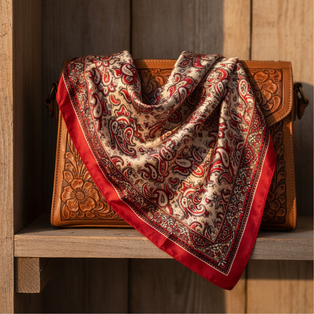 Red paisley satin square scarf draped loosely over brown tooled leather western purse on weathered wood warm golden light 20x20