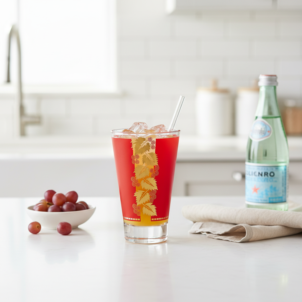Vintage Libbey red grape leaf cocktail tumbler filled with iced juice on a bright white kitchen counter with light neutral props