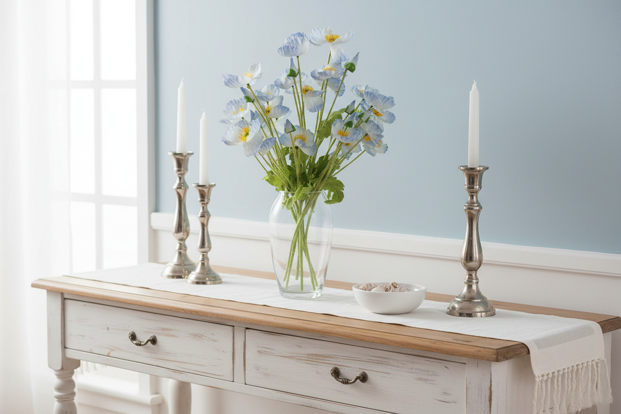Light blue artificial poppies in clear glass vase on French country console table, coastal home decor
