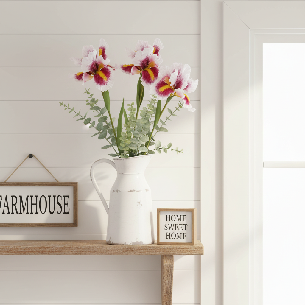 Faux white iris flower stems with pink and yellow accents in a white distressed farmhouse pitcher vase on a rustic wood shelf with shiplap background