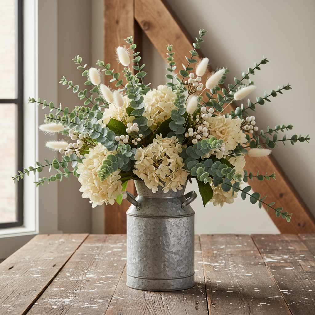 Sage green faux eucalyptus stems in a galvanized metal milk can pitcher with white berries, cream hydrangeas, and bunny tails on a weathered barn wood surface