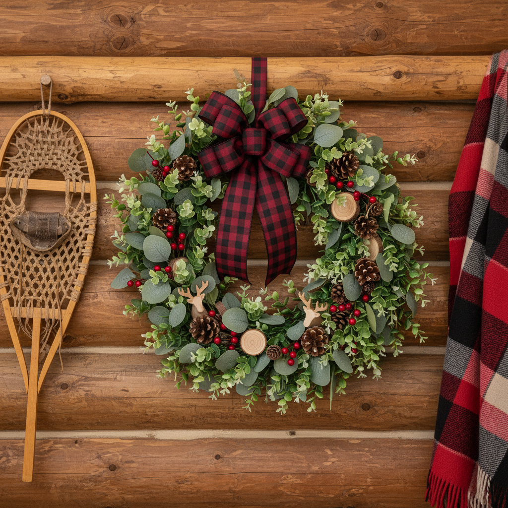 Cabin lodge eucalyptus wreath with pinecones and burgundy plaid ribbon on log wall