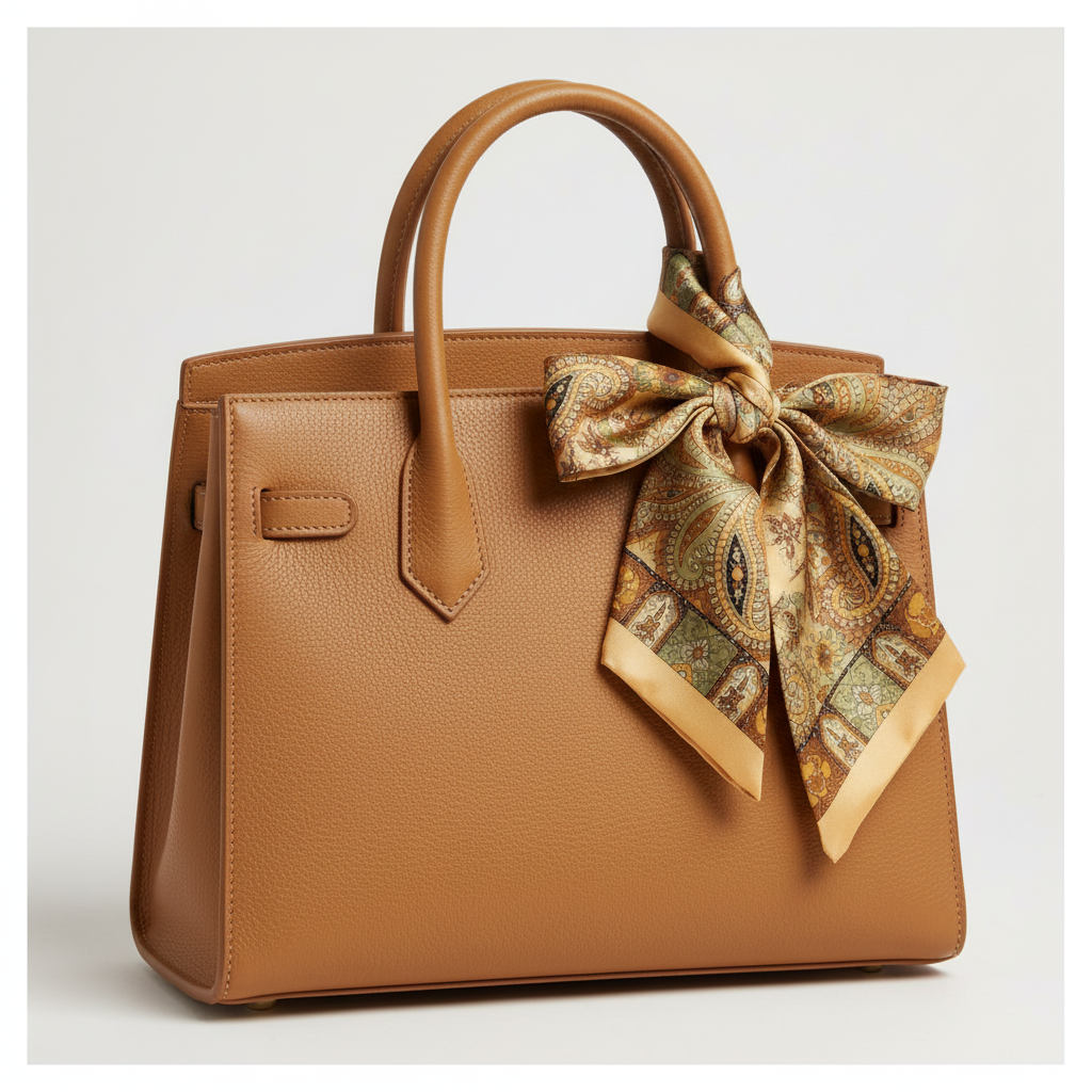Golden honey gold paisley floral satin scarf tied as a bow on a luxury handbag handle – boutique bag accent