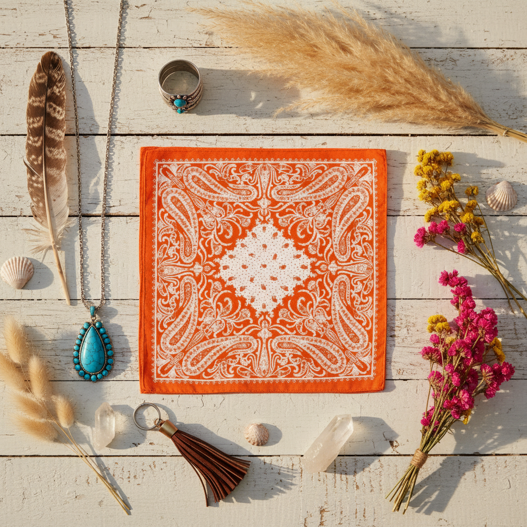 Bright orange and white paisley satin scarf boho flat lay styled with turquoise jewelry, pampas grass, feathers, crystals, seashells and wildflowers