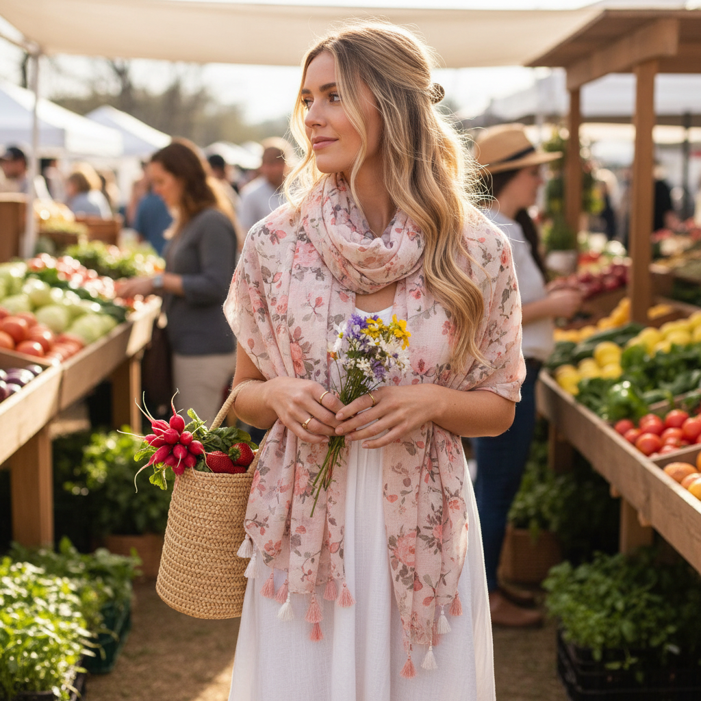 Woman wearing blush pink floral tassel scarf as shawl wrap at spring farmers market, boho feminine style