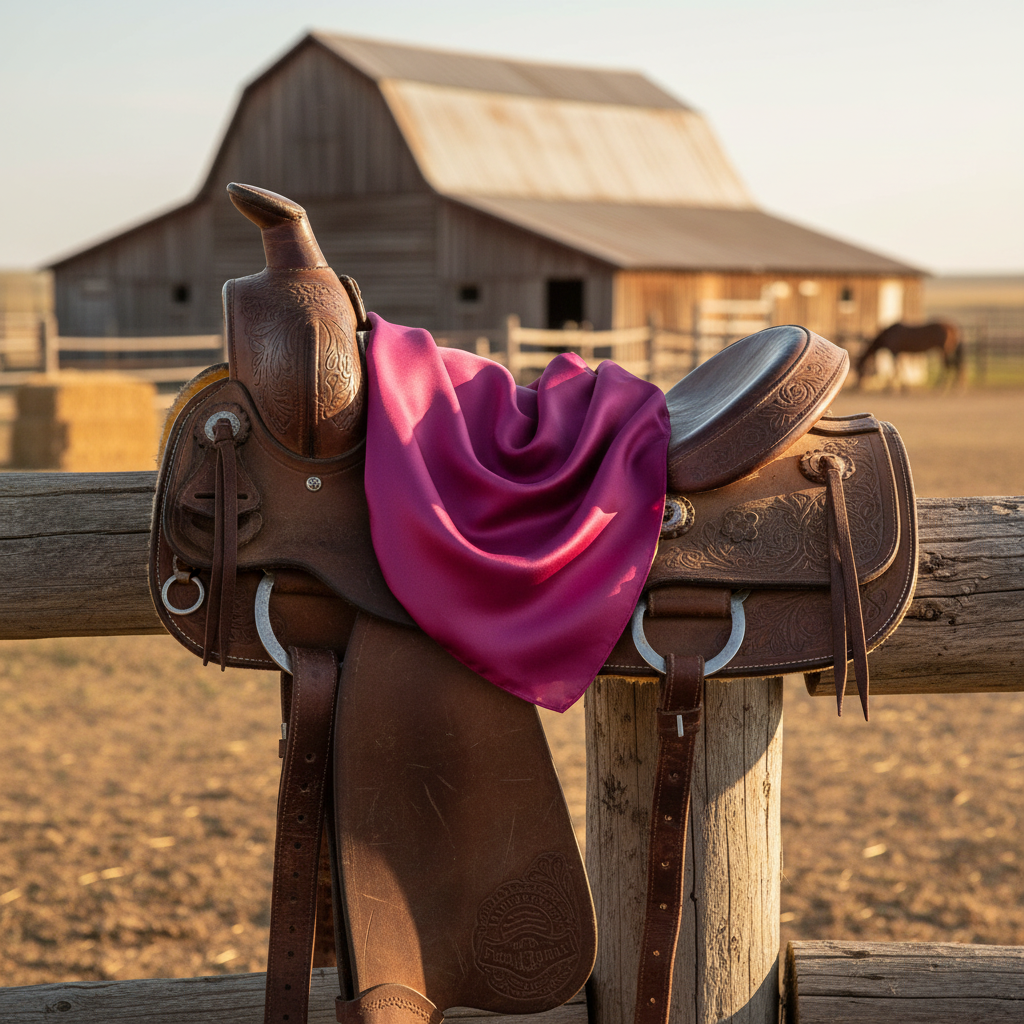 Dark pink wild rag scarf draped over western leather saddle on ranch fence, authentic cowboy aesthetic