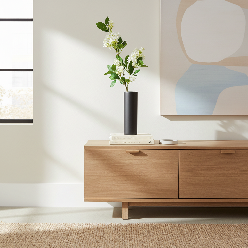 Artificial white blossom stem in a tall black matte vase on a modern minimalist sideboard with neutral contemporary decor