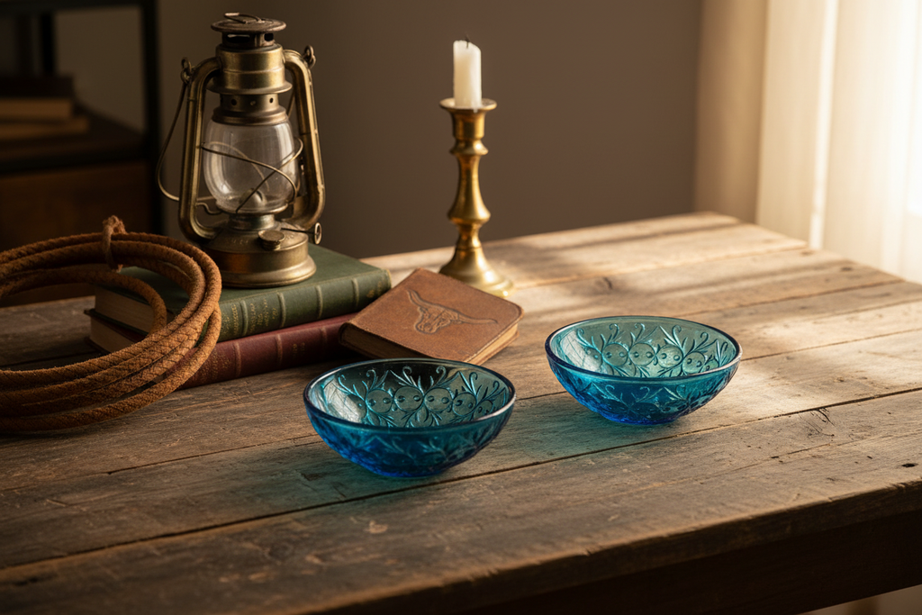 1930s depression glass bowls on weathered wooden table with Western ranch decor and vintage books, rustic luxe styling