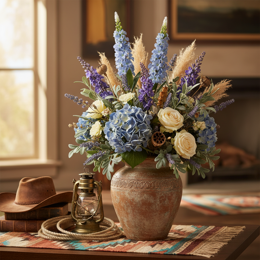 Light blue snapdragon larkspur spike stems in a rustic western vase with blue hydrangeas, lavender, purple delphinium, ivory roses and eucalyptus, styled with cowboy hat, rope and lantern