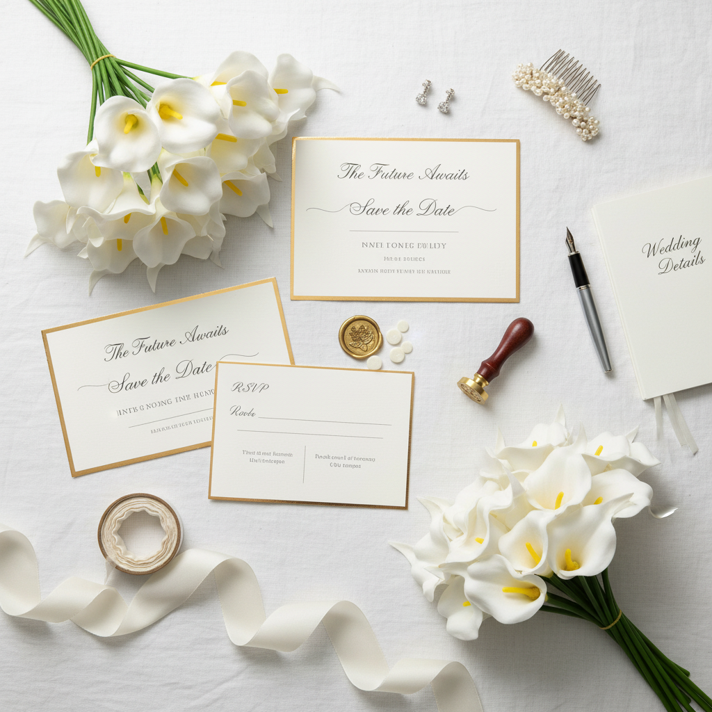 Flat lay of white faux calla lily stems on white linen with wedding invitation cards and silk ribbon, bridal planning scene