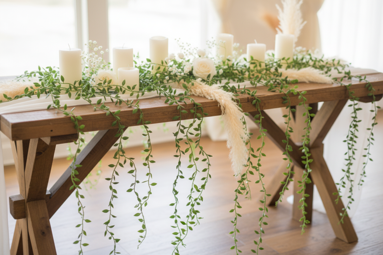 Artificial trailing greenery vines draped along a boho baby shower farmhouse table with white candles, pampas grass, and white florals as a table runner centerpiece