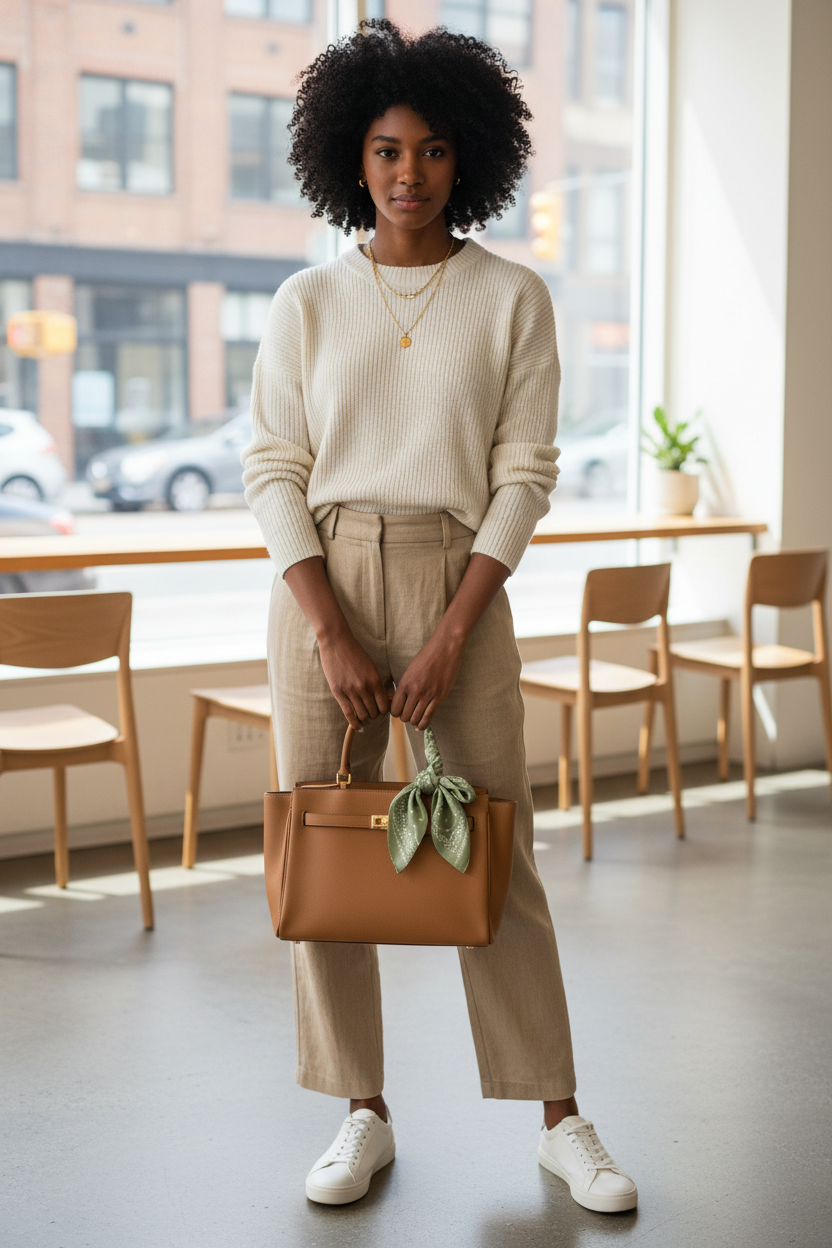 Woman with deep skin tone and black hair with a sage green white paisley satin scarf tied as a small accent bow on a tan leather handbag handle in a chic urban setting