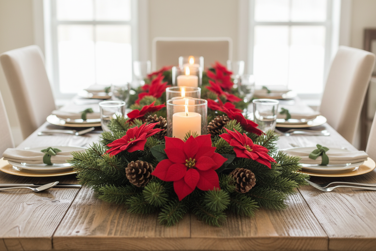 Red velvet poinsettia garland with large 7-inch blooms laid down the center of a farmhouse dining table blended with pine garland and pine cones