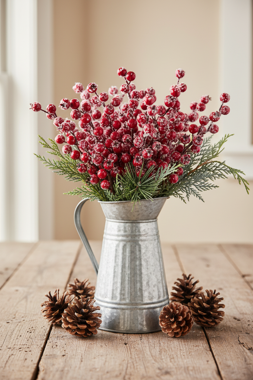 Frosted red berry picks mixed with pine and cedar greenery in a galvanized metal pitcher for farmhouse Christmas decor