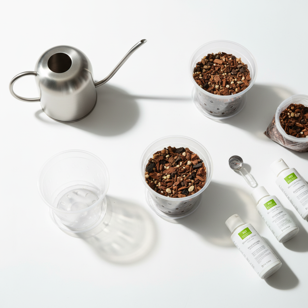 Flat lay of orchid care supplies with clear pots and saucers