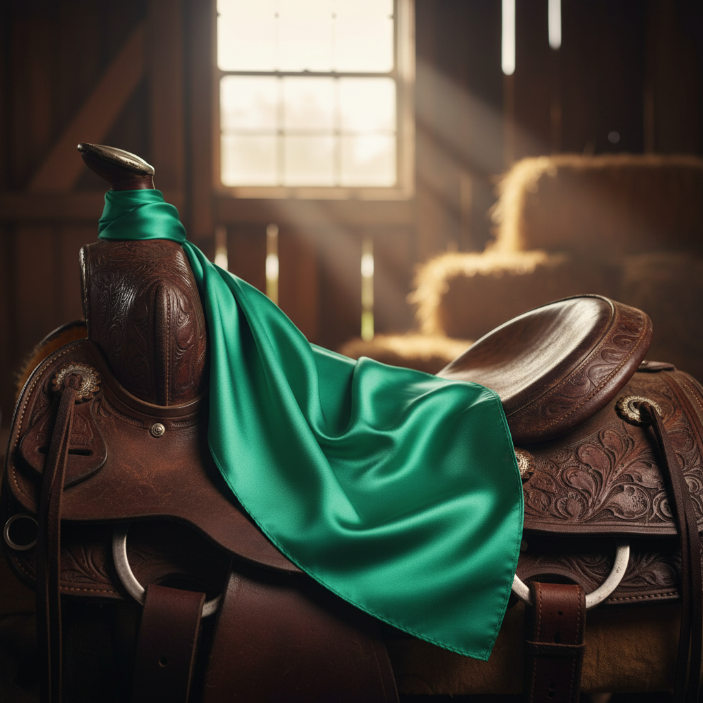 Jade green satin wild rag scarf draped over western saddle showing silk-like texture and drape