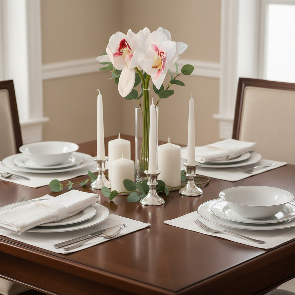 Artificial white Cymbidium orchid bouquet styled as an elegant dining table centerpiece with white candles, linen napkins, fine china and eucalyptus sprigs