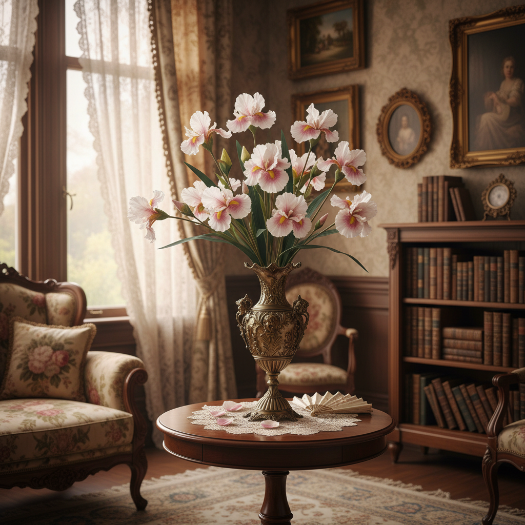 White and pink faux iris stems in elegant floor vase, Victorian romantic interior styling with lace accents, medium-height stems with compact flower heads