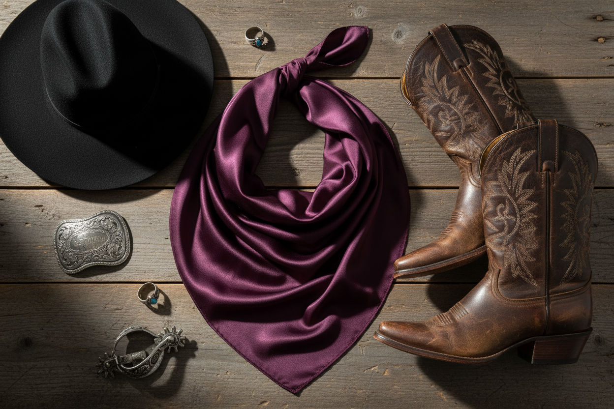 Eggplant purple wild rag with black cowboy hat, brown leather boots, and silver western accessories